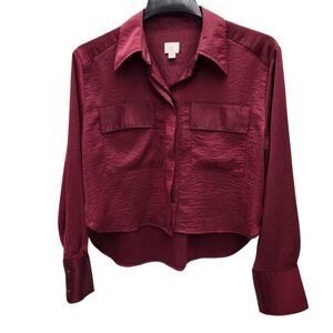 A New Day Utility Shirt Womens Small Burgundy Long Sleeves Boxy Dark Academia